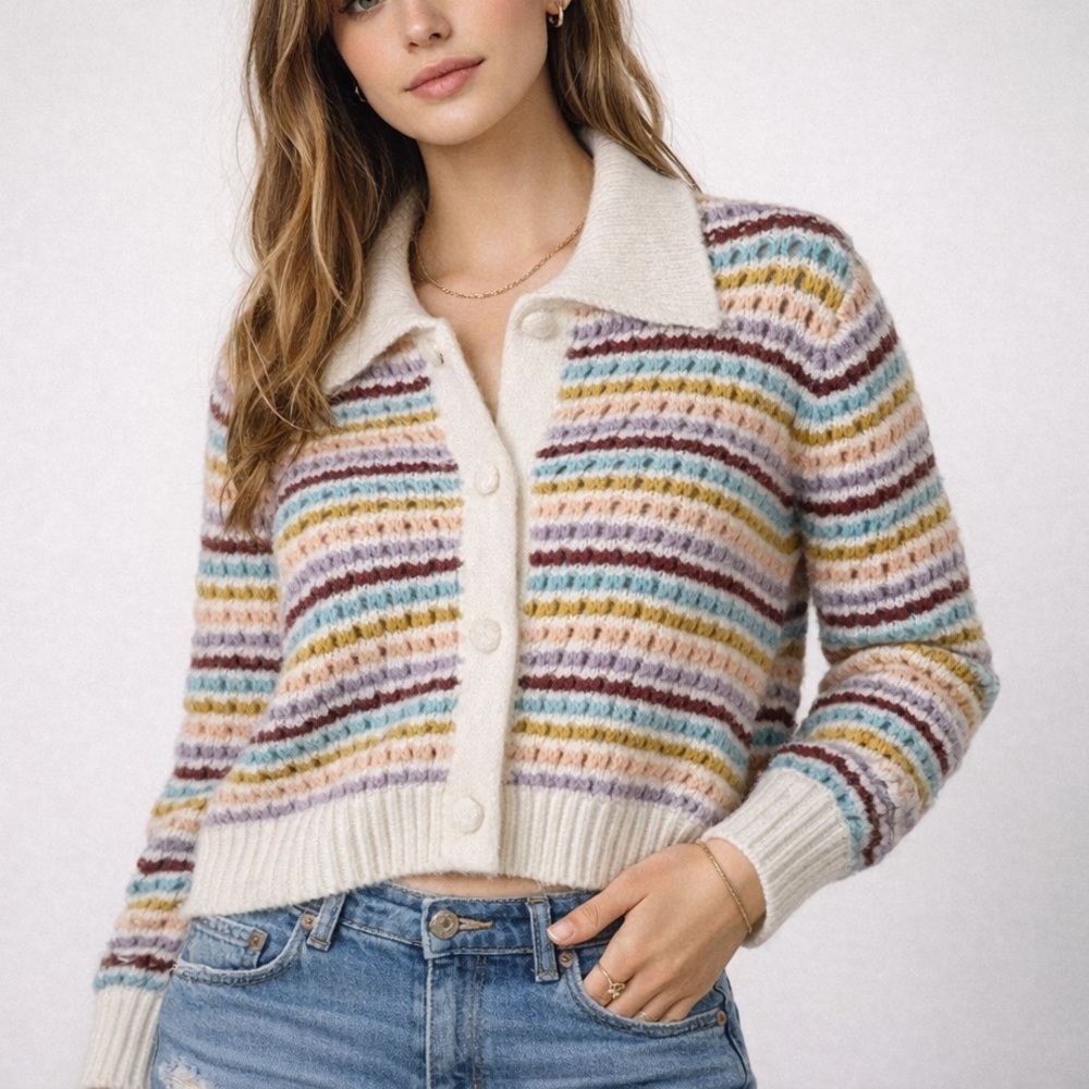 Böhme Rainbow Striped Button up Crochet Knit Cardigan Size S NWT